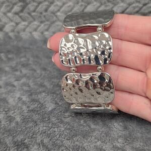 Silver Tone Hammered Link Stretch Bracelet Wide Statement Chunky Modern